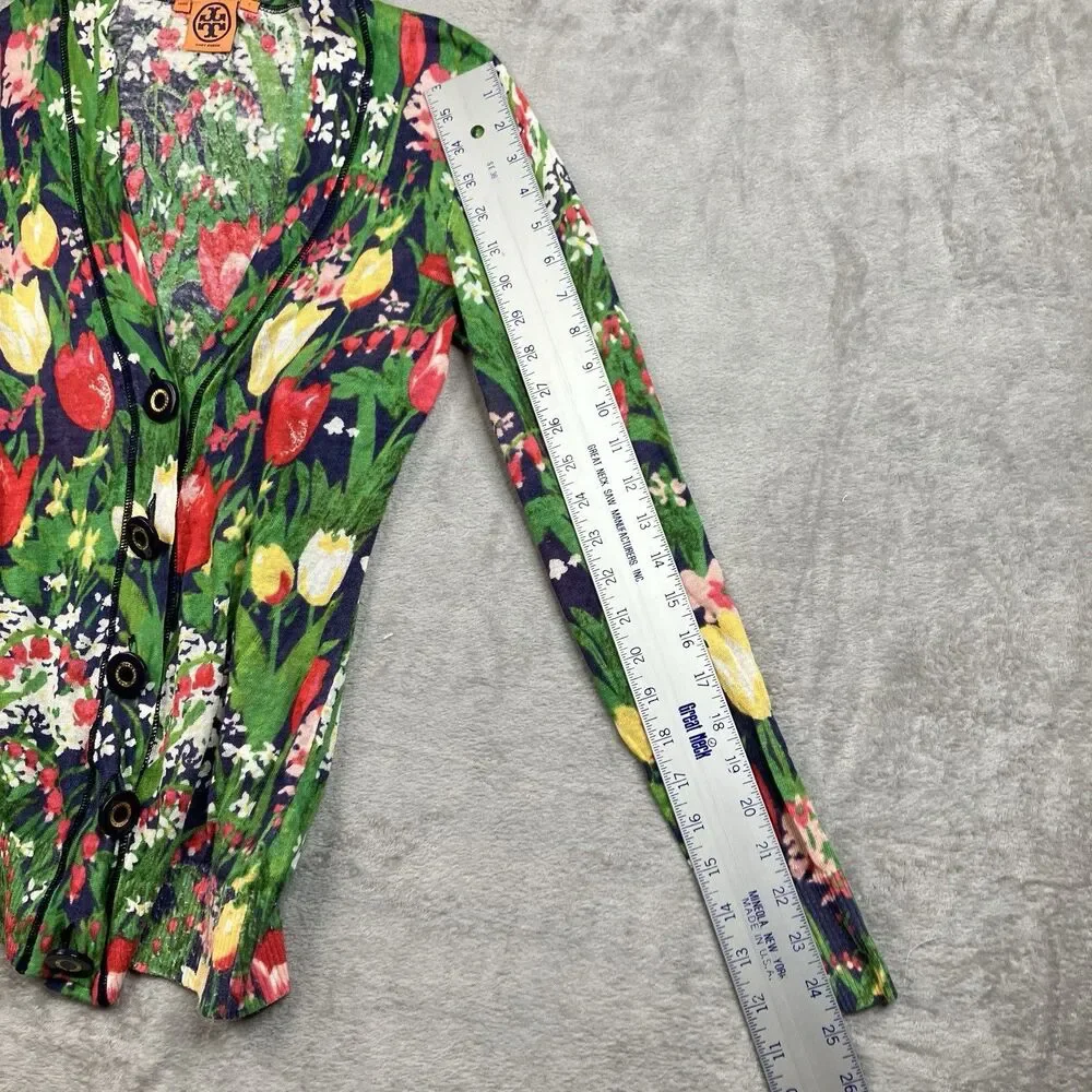 Tory Burch Linen Blend Cardigan Womens S Floral Garden Print Lightweight Preppy